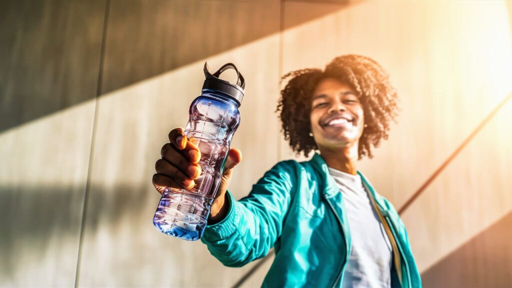 A person smiling and looking proud, holding a water bottle